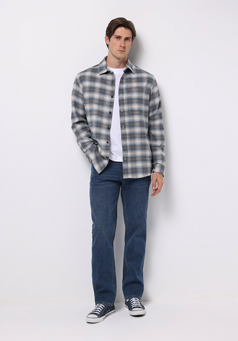 Regular Fit Shirt Neck Ekoseli Erkek Mavi Uzun Kol Gömlek