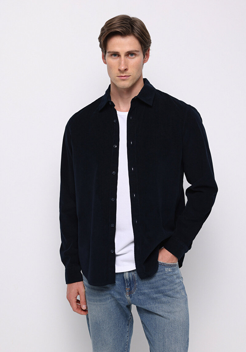 Regular Fit Shirt Neck Düz Erkek Lacivert Uzun Kol Gömlek
