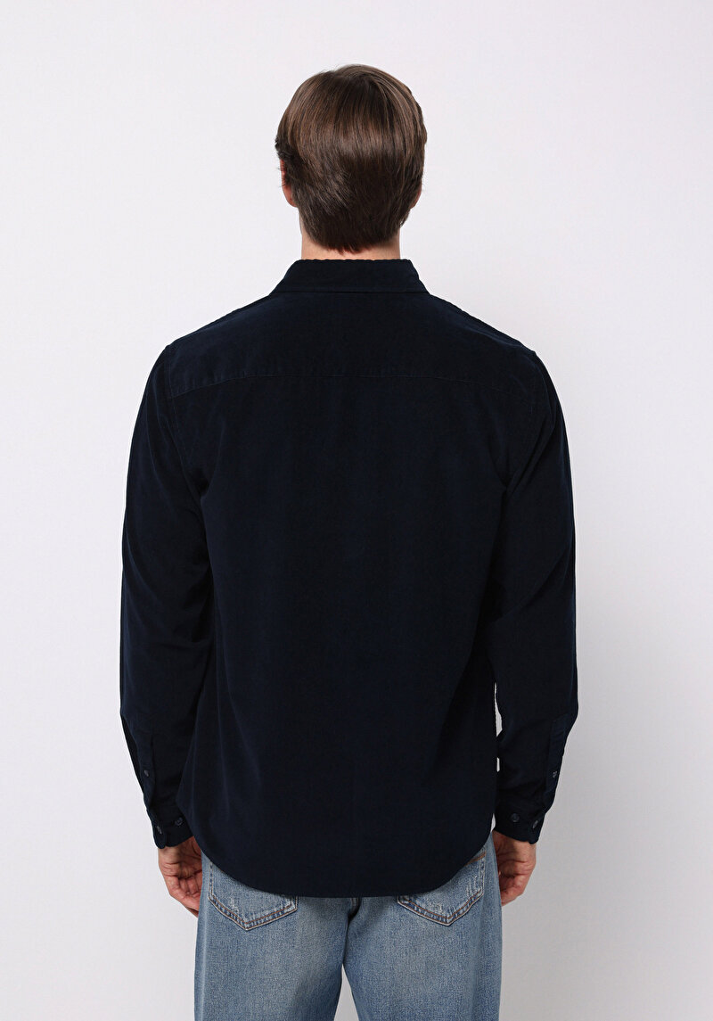 Regular Fit Shirt Neck Düz Erkek Lacivert Uzun Kol Gömlek