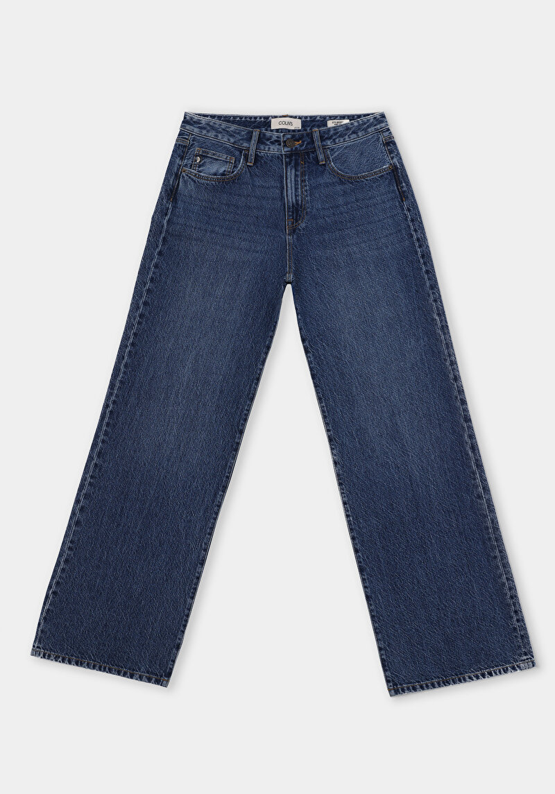 Regular Fit Yüksel Bel Geniş Paça Kadın İndigo Jean Pantolon