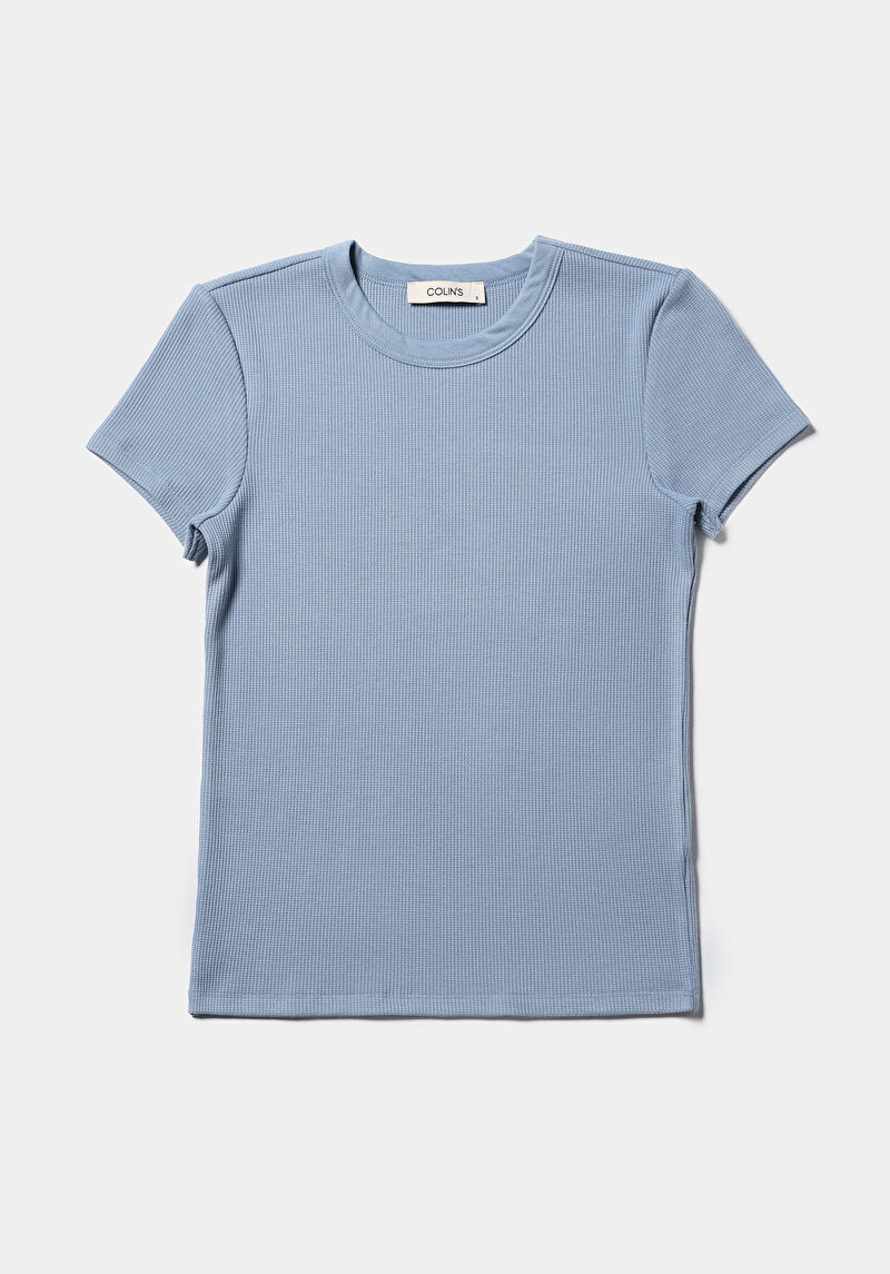 Slim Fit Yuvarlak Yaka Düz Kadın Mavi Kısa Kol Tişört