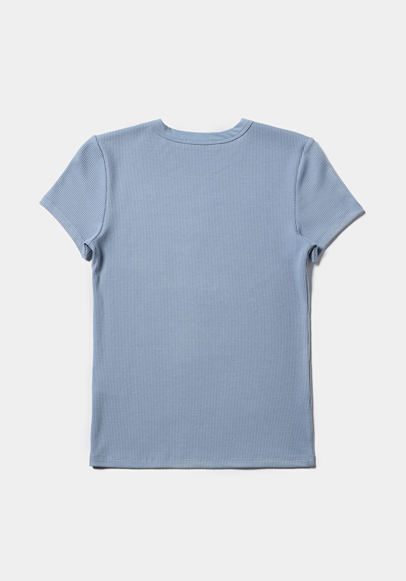 Slim Fit Yuvarlak Yaka Düz Kadın Mavi Kısa Kol Tişört