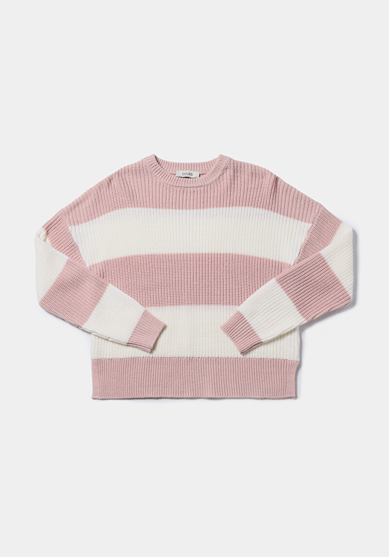 Regular Fit Yuvarlak Yaka Çizgili Kadın Pembe Kazak