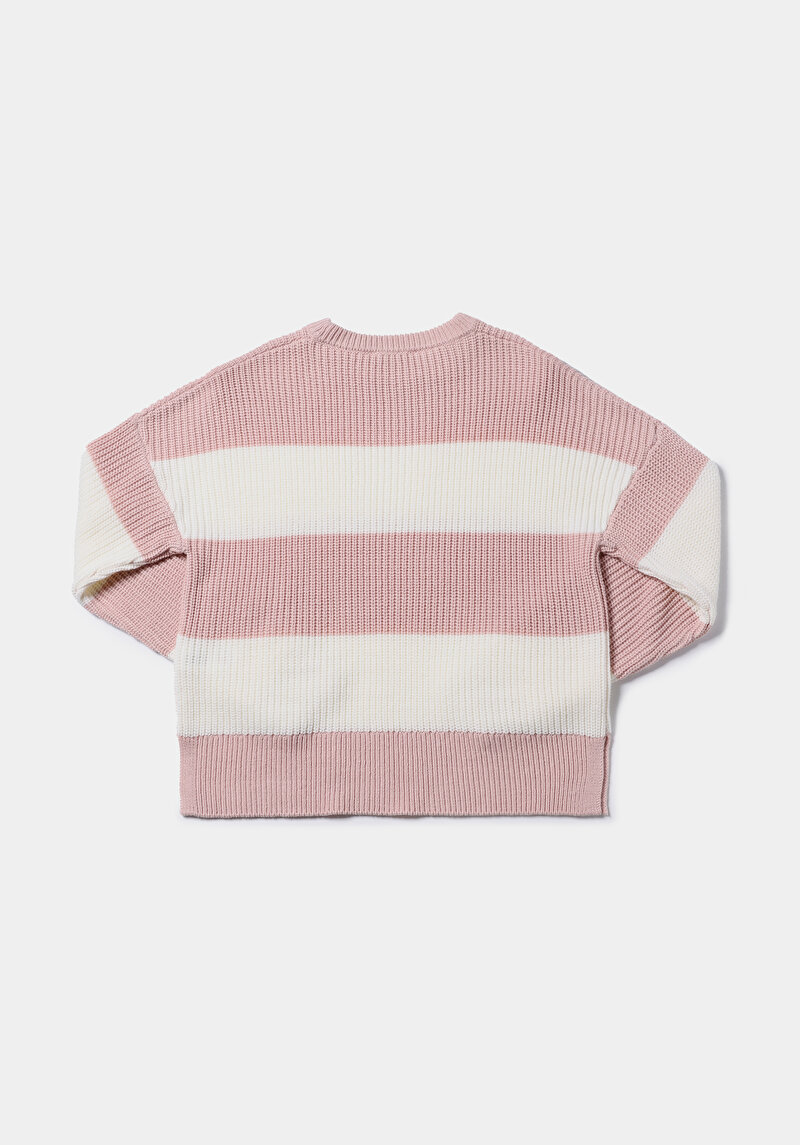 Regular Fit Yuvarlak Yaka Çizgili Kadın Pembe Kazak