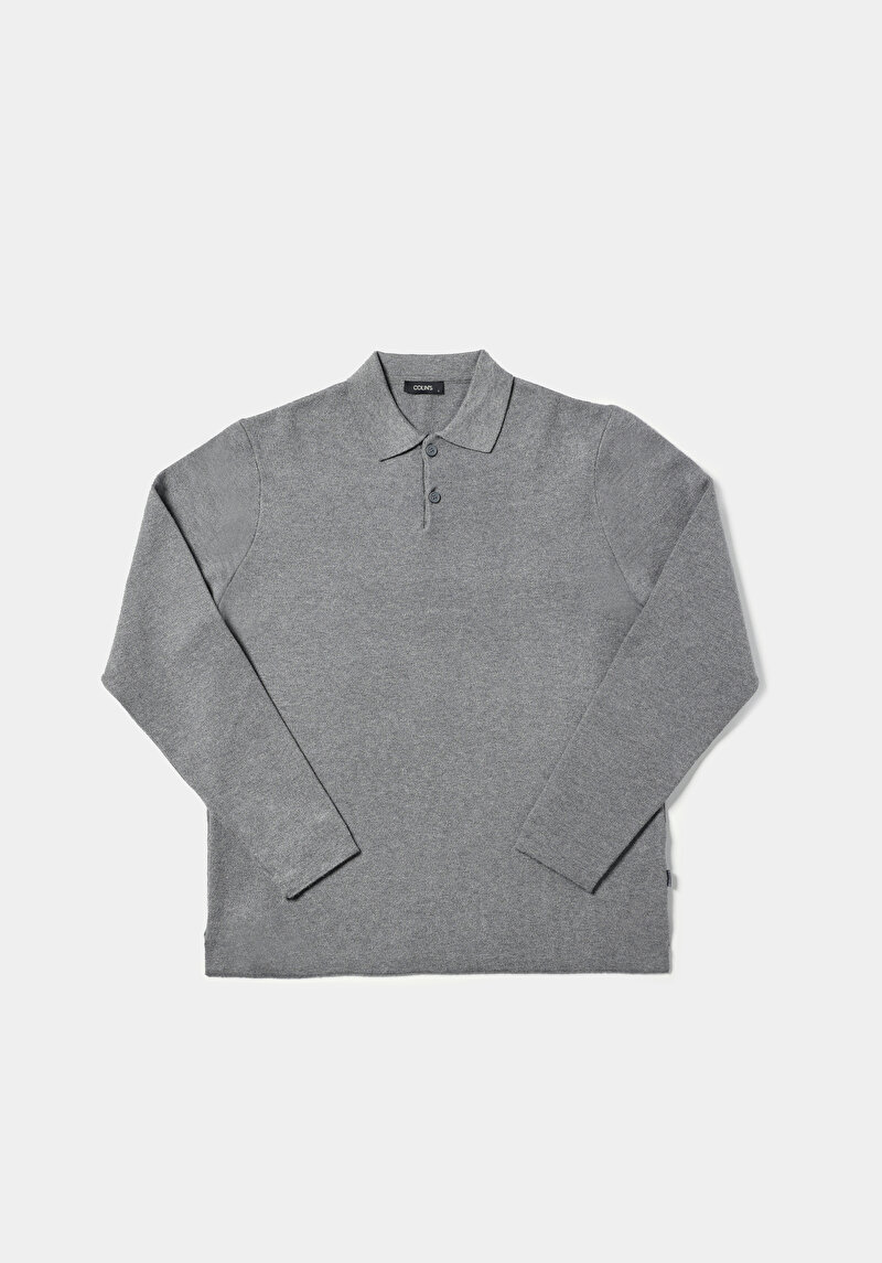 Regular Fit Polo Yaka Jakarlı Erkek Gri Kazak