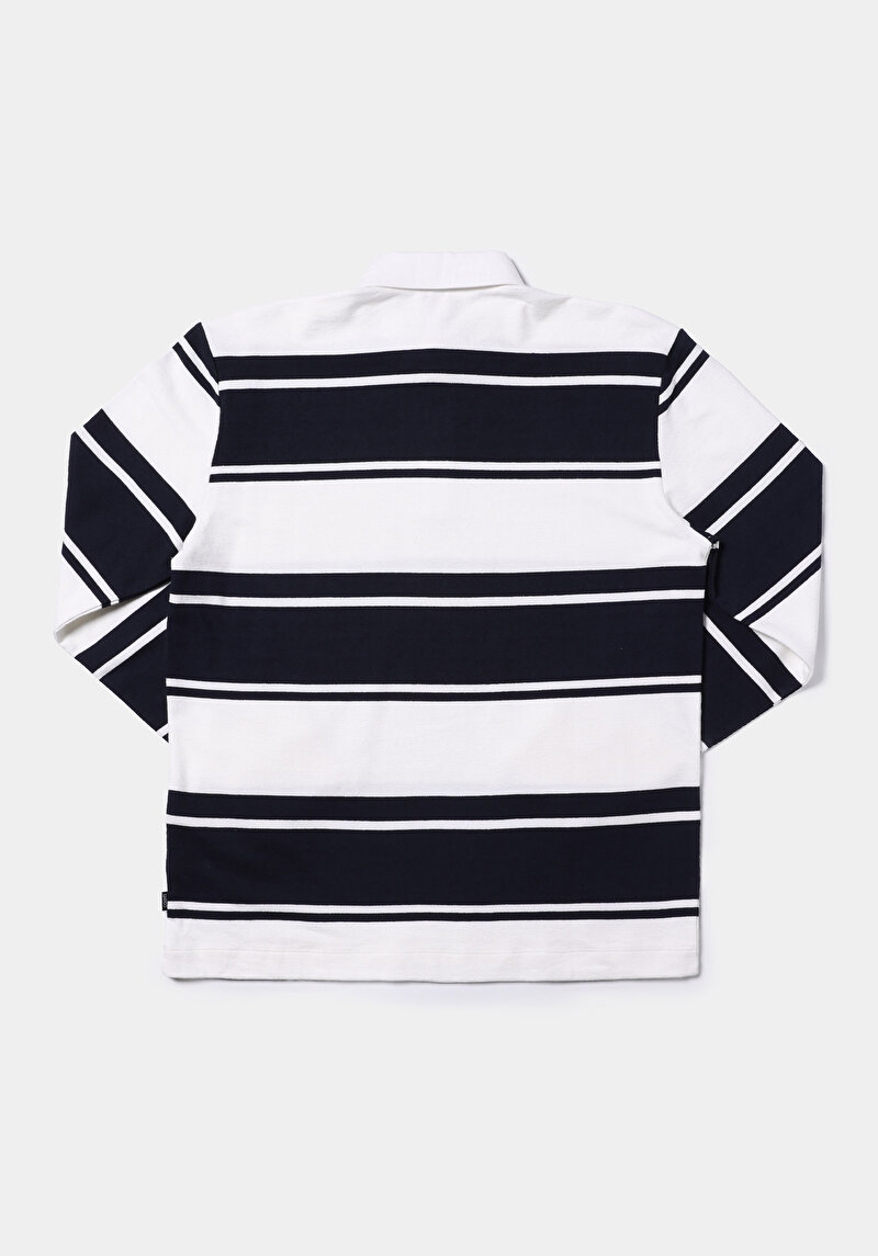 Comfort Fit Polo Yaka Çizgili Erkek Lacivert Uzun Kol Tişört