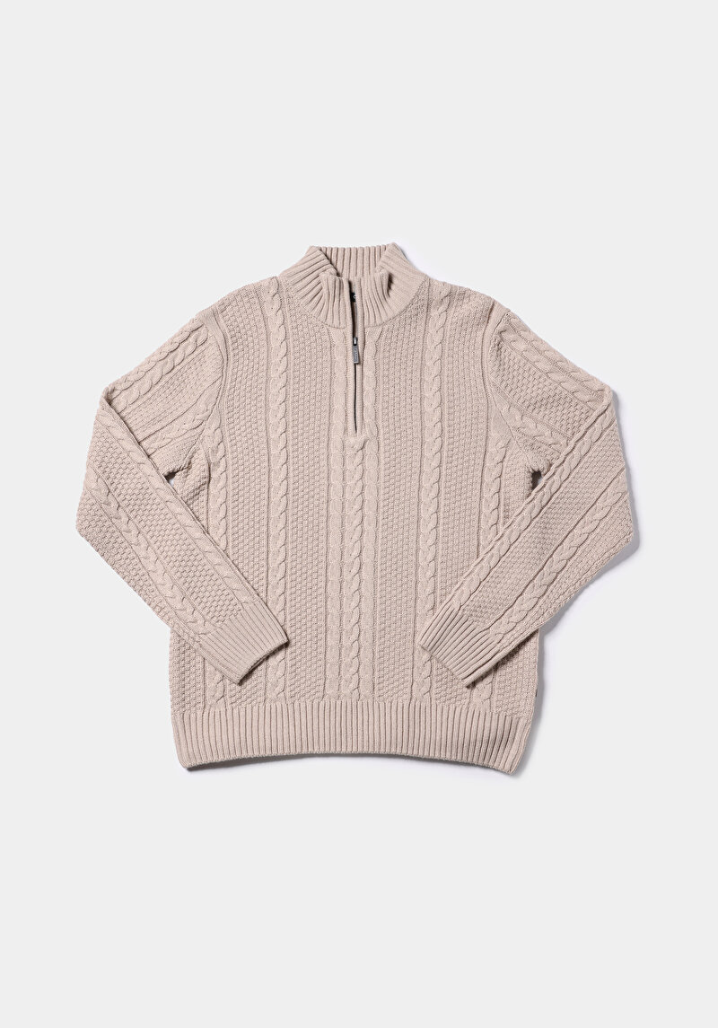 Regular Fit Dik Yaka Jakarlı Erkek Ekru Kazak