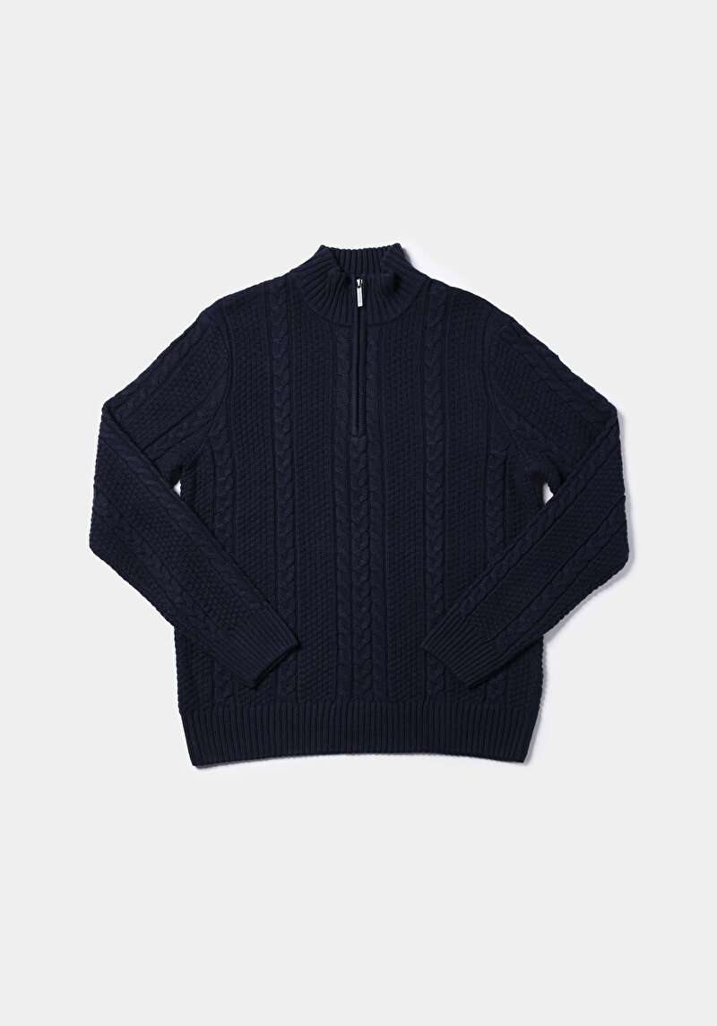 Regular Fit Dik Yaka Jakarlı Erkek Lacivert Kazak