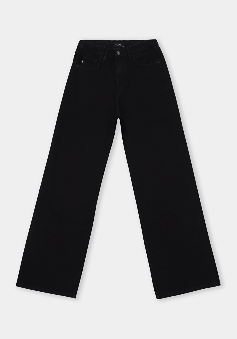 Regular Fit Yüksel Bel Geniş Paça Cepli Kadın Black Black Denim Jean Pantolon