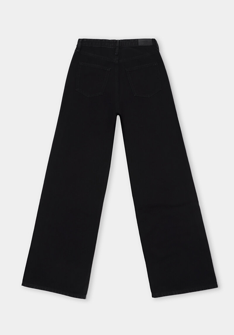Regular Fit Yüksel Bel Geniş Paça Cepli Kadın Black Black Denim Jean Pantolon