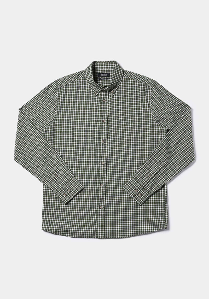 Regular Fit Dokuma Shirt Neck Kareli Erkek Yeşil Uzun Kol Gömlek