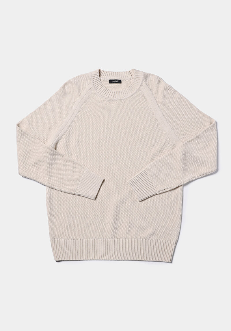 Regular Fit Yuvarlak Yaka Jakarlı Erkek Ekru Kazak