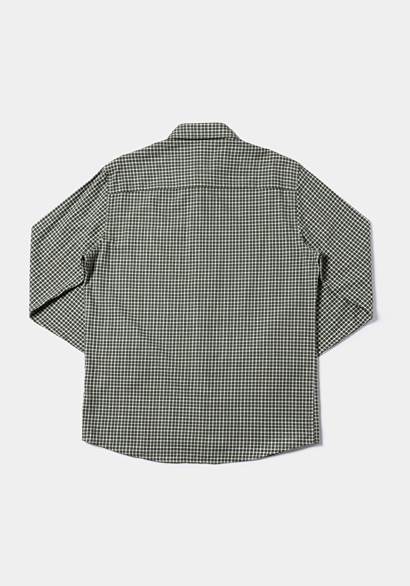 Regular Fit Dokuma Shirt Neck Kareli Erkek Yeşil Uzun Kol Gömlek
