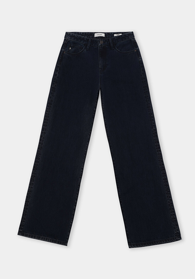 Regular Fit Yüksek Bel Geniş Paça Kadın Koyu İndigo Jean Pantolon