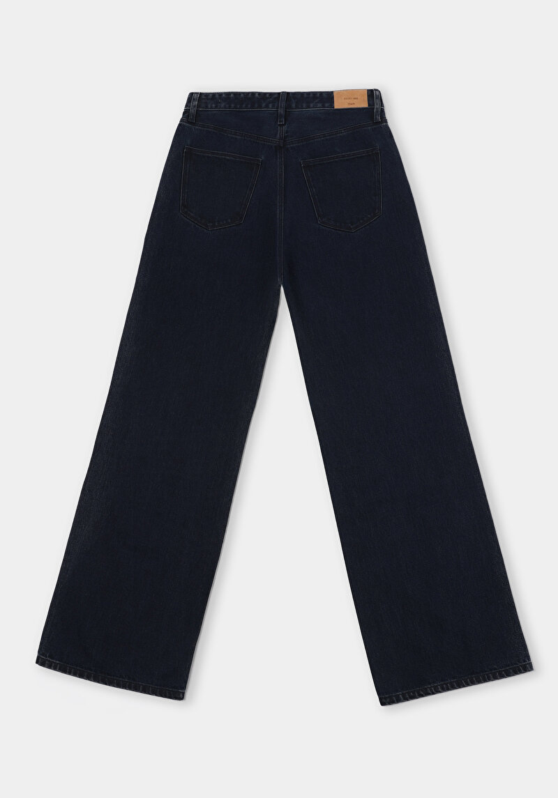 Regular Fit Yüksek Bel Geniş Paça Kadın Koyu İndigo Jean Pantolon