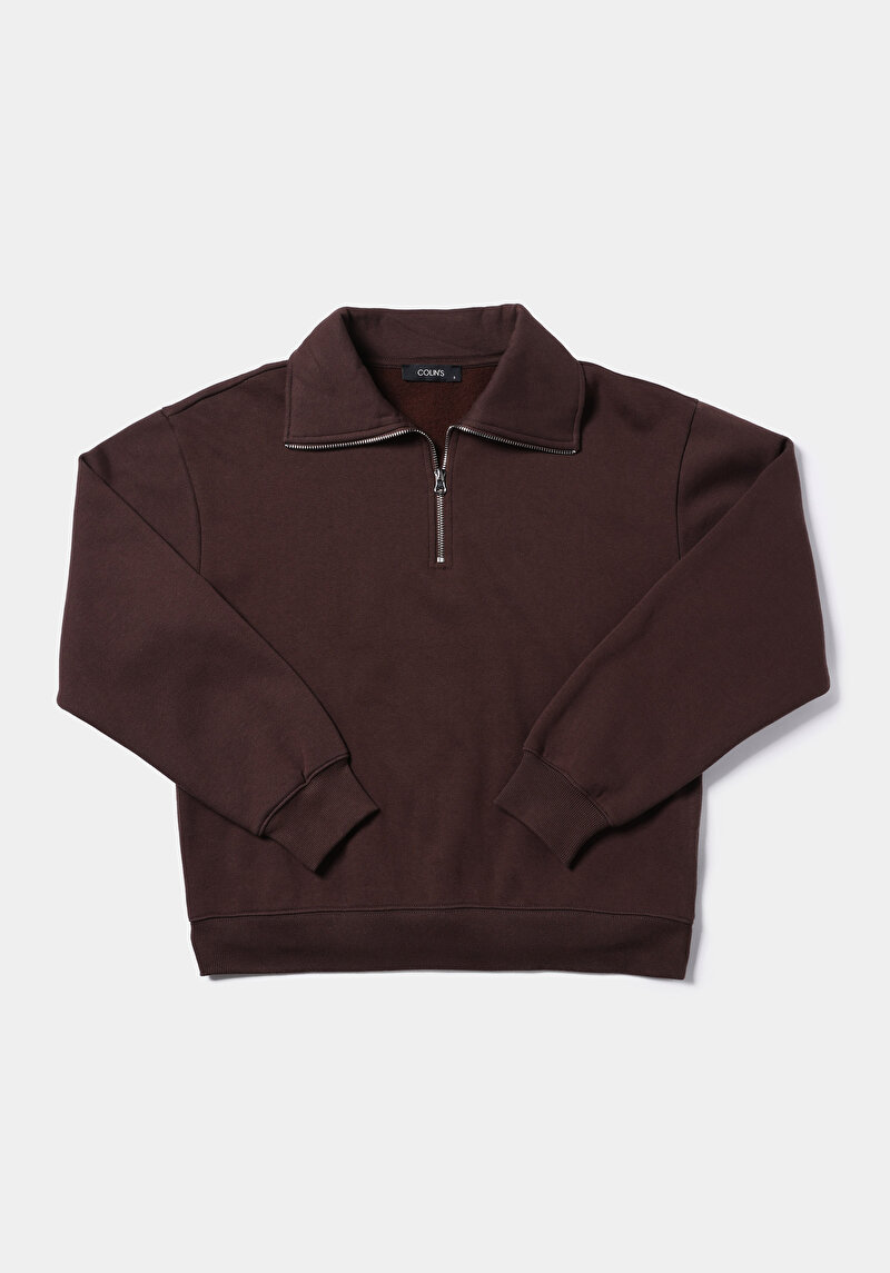 Regular Fit Fermuarlı Nakışlı Kadın Kahverengi Sweatshirt