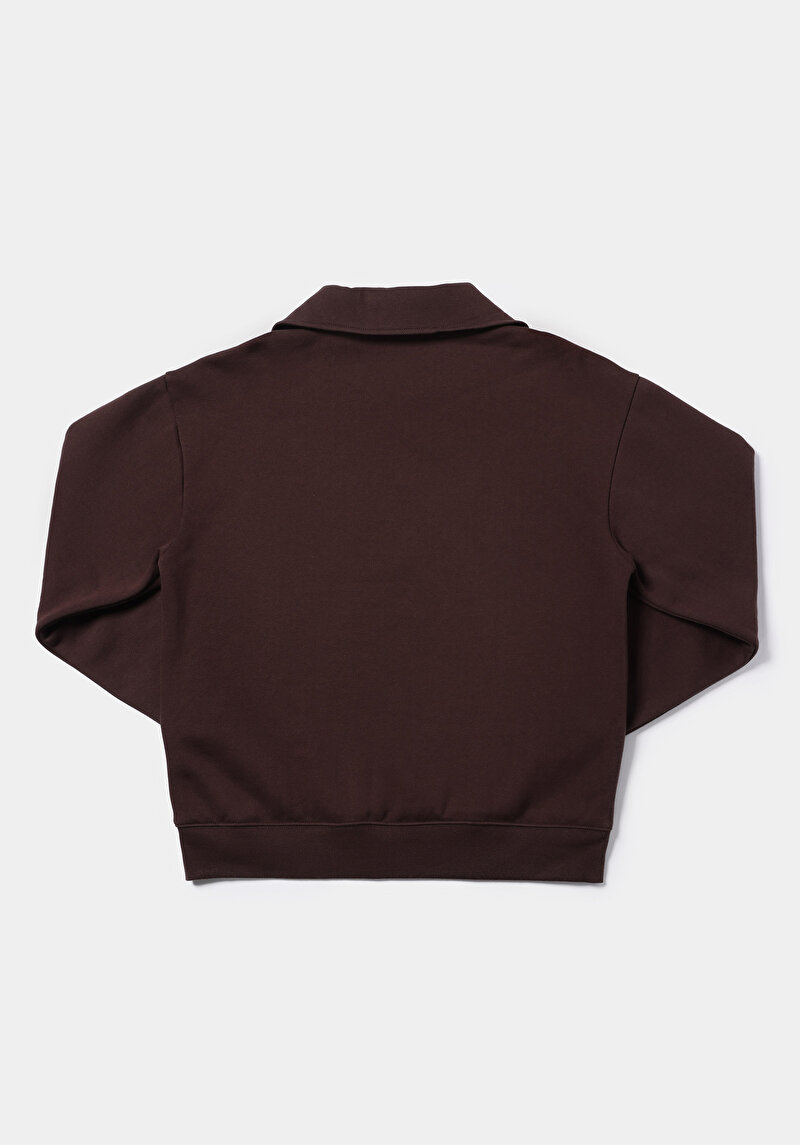 Regular Fit Fermuarlı Nakışlı Kadın Kahverengi Sweatshirt