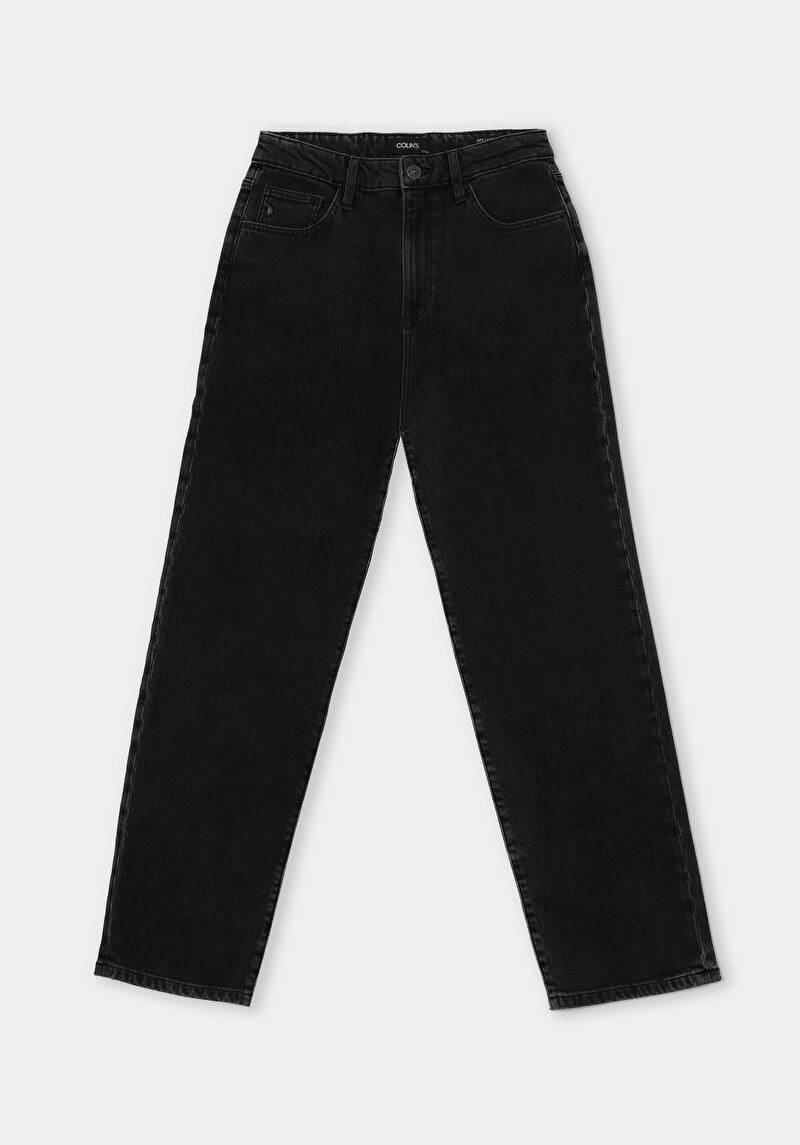 Straight Fit Yüksek Bel Düz Paça Kadın Siyah Jean Pantolon