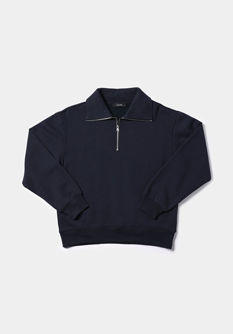 Regular Fit Fermuarlı Nakışlı Kadın Lacivert Sweatshirt