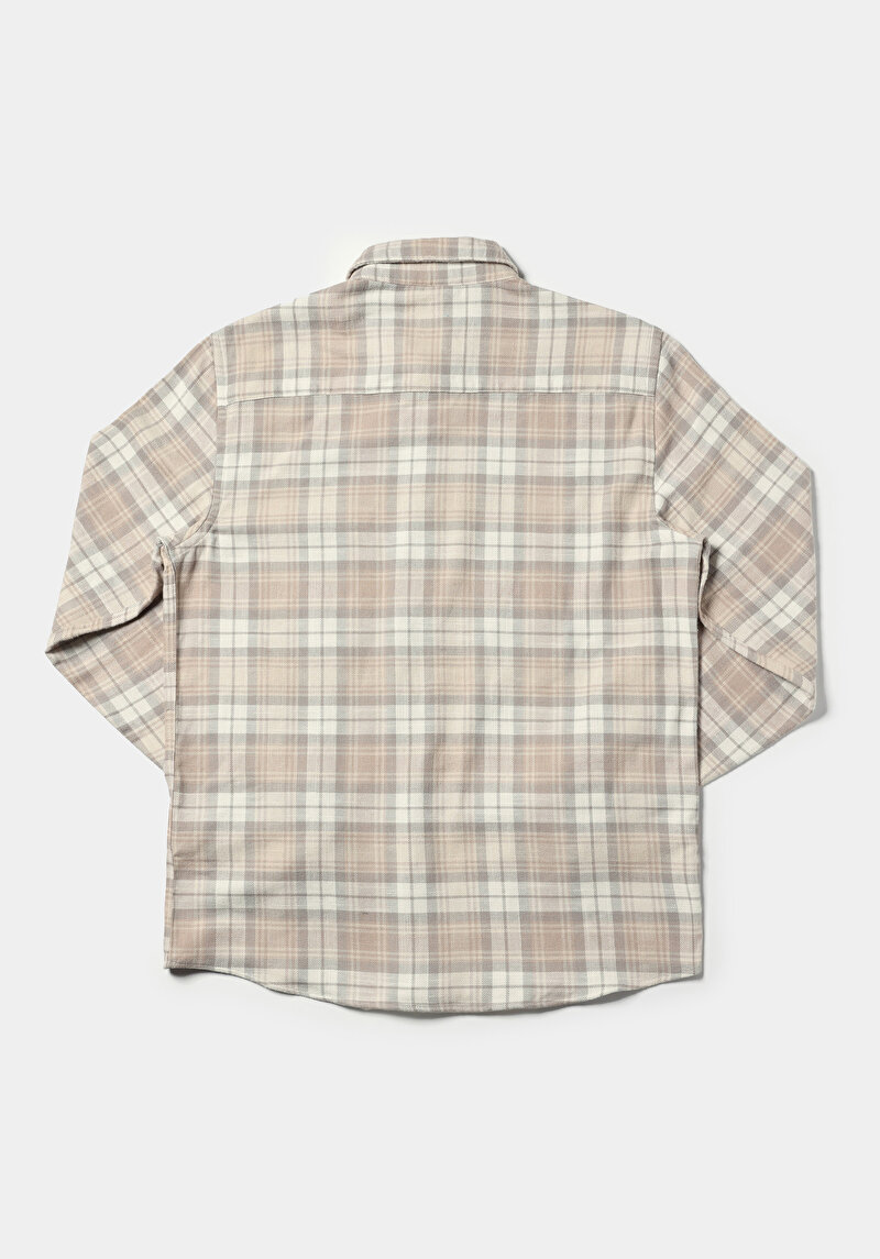 Regular Fit Shirt Neck Ekoseli Erkek Bej Uzun Kol Gömlek