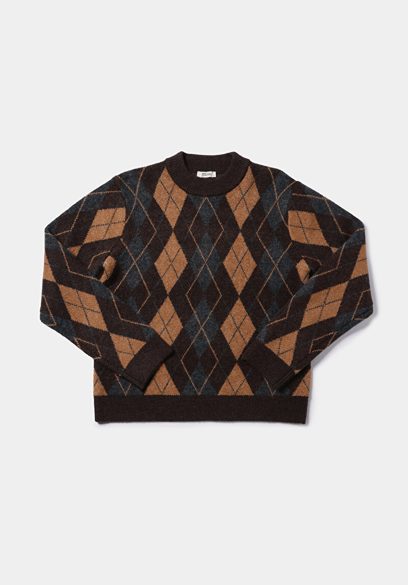 Regular Fit Yuvarlak Yaka Baskılı Kadın Kahverengi Kazak