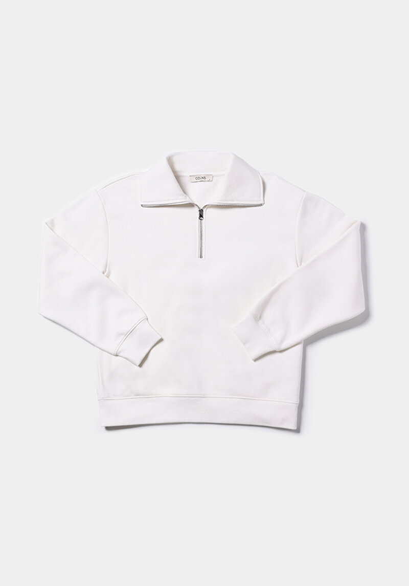 Regular Fit Fermuarlı Nakışlı Kadın Beyaz Sweatshirt