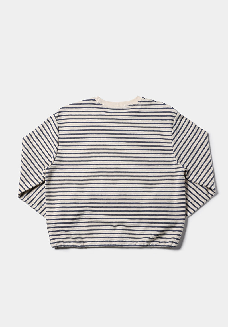 Regular Fit Yuvarlak Yaka Çizgili Kadın Mavi Uzun Kol Tişört