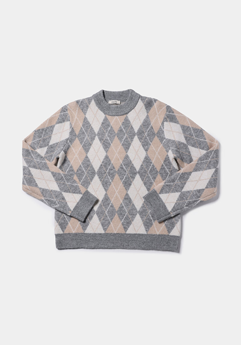 Regular Fit Yuvarlak Yaka Baskılı Kadın Gri Kazak