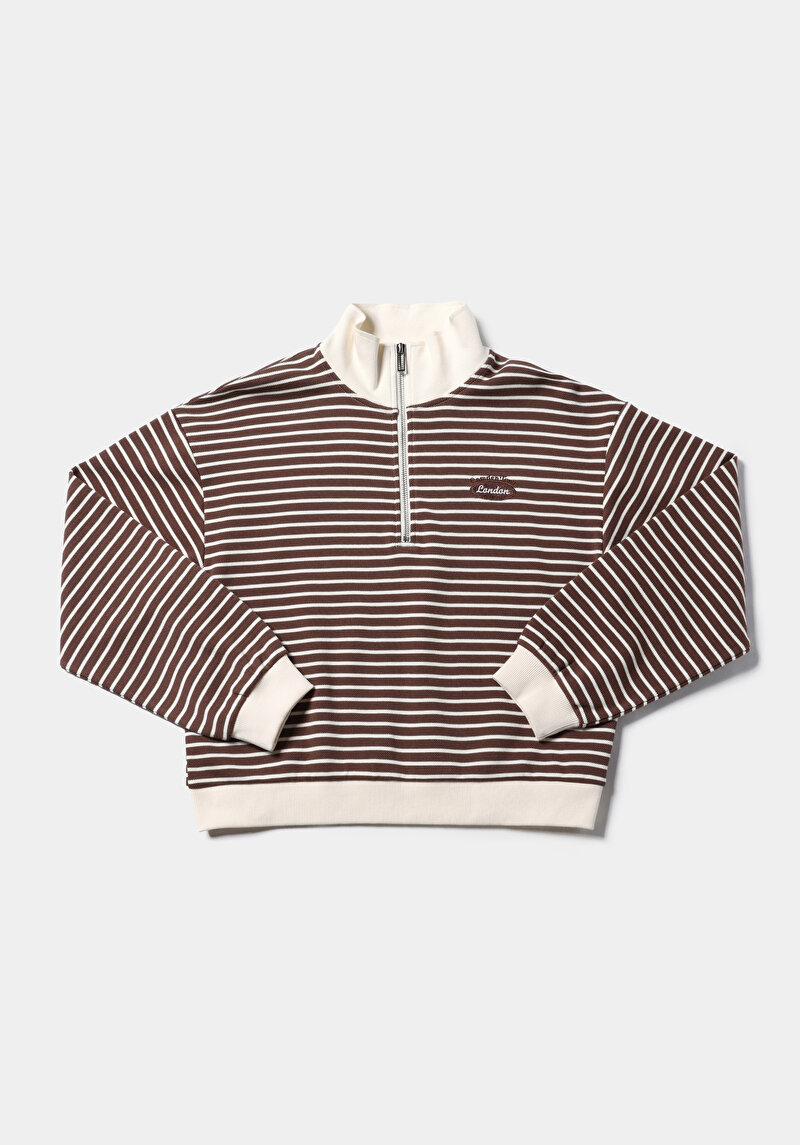 Regular Fit Polo Yaka Çizgili Kadın Kahverengi Sweatshirt