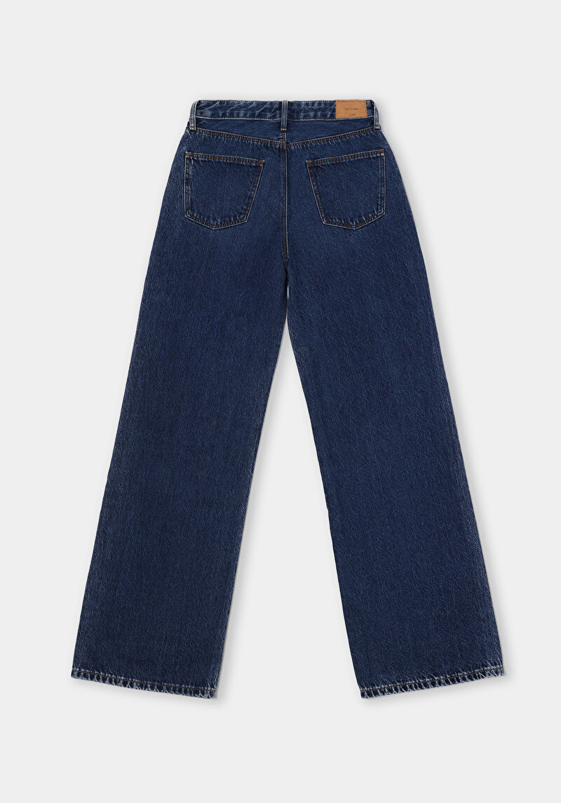 Regular Fit Yüksel Bel Geniş Paça Kadın Koyu İndigo Jean Pantolon