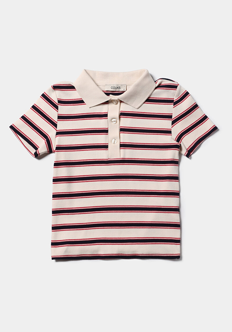 Slim Fit Polo Yaka Çizgili Kadın Ekru Kısa Kol Tişört