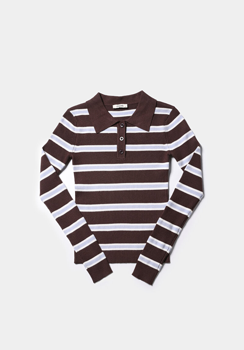 Slim Fit Polo Yaka Çizgili Kadın Kahverengi Kazak