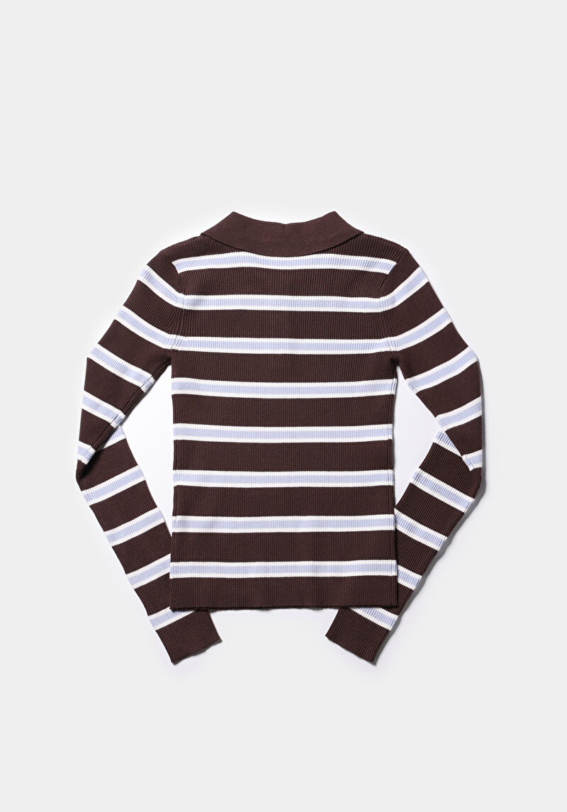 Slim Fit Polo Yaka Çizgili Kadın Kahverengi Kazak