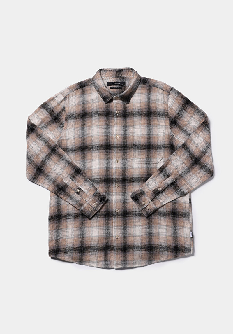 Comfort Fit Shirt Neck Ekoseli Erkek Bej Uzun Kol Gömlek