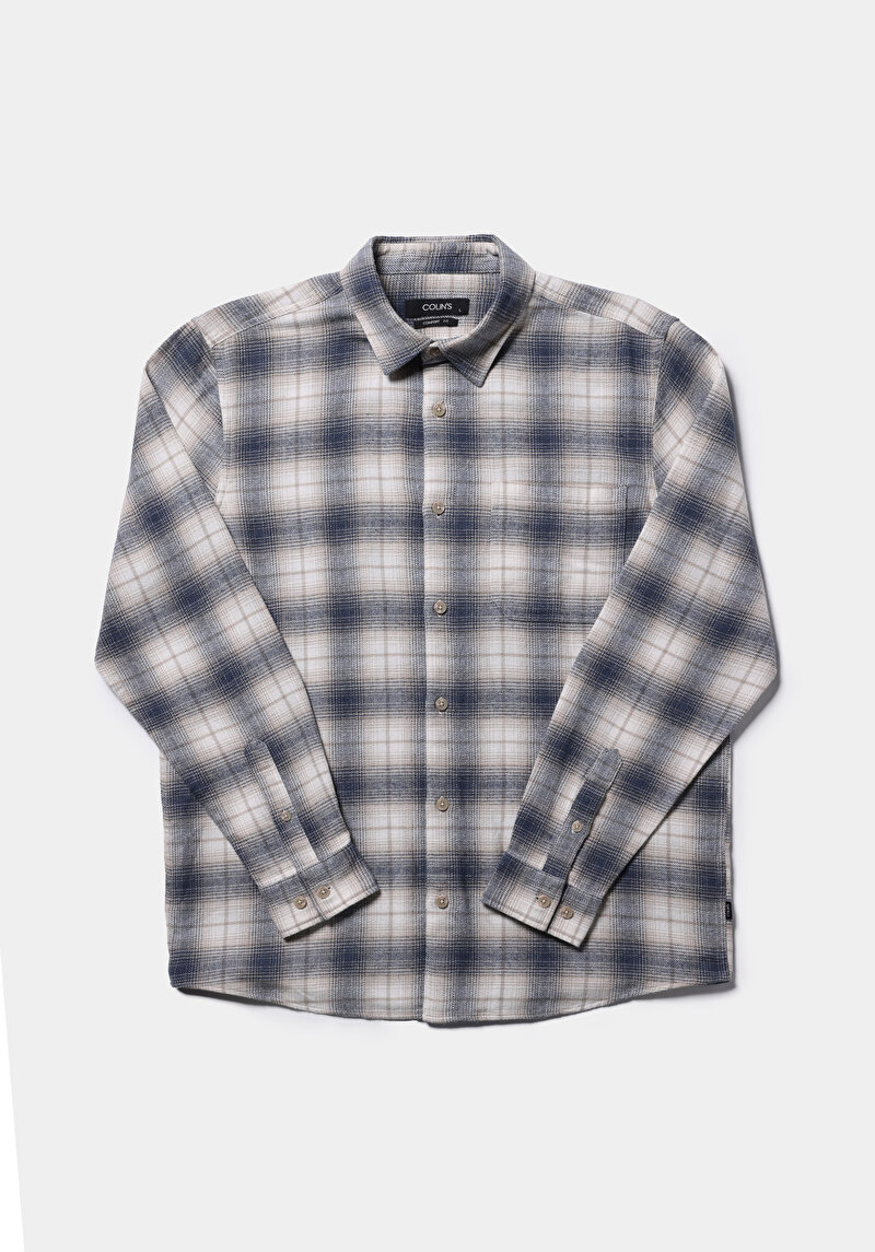 Comfort Fit Shirt Neck Ekoseli Erkek Mavi Uzun Kol Gömlek