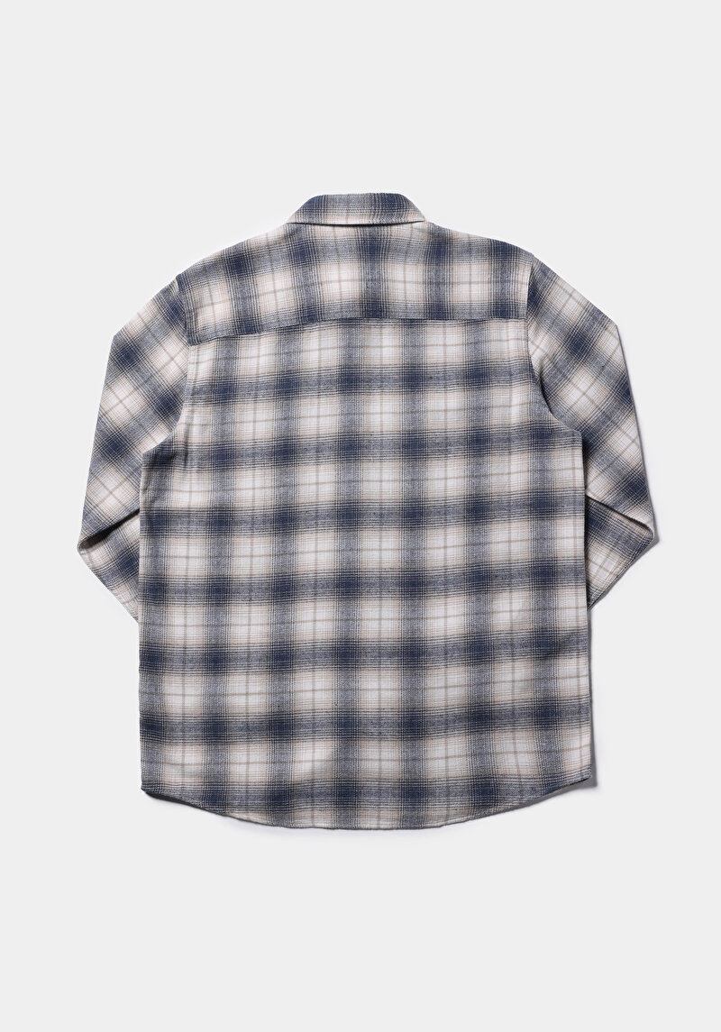 Comfort Fit Shirt Neck Ekoseli Erkek Mavi Uzun Kol Gömlek