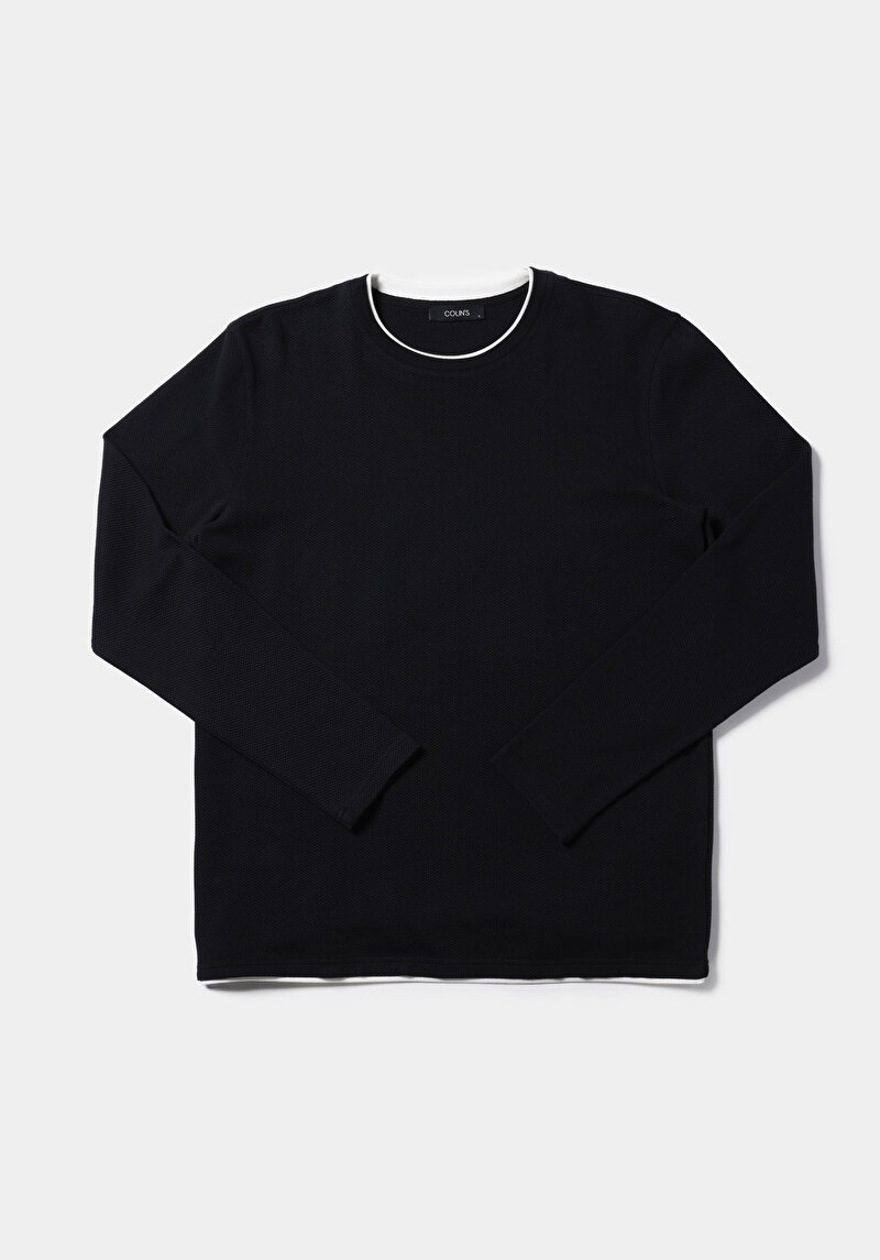 Regular Fit Yuvarlak Yaka Jakarlı Erkek Siyah Uzun Kol Tişört