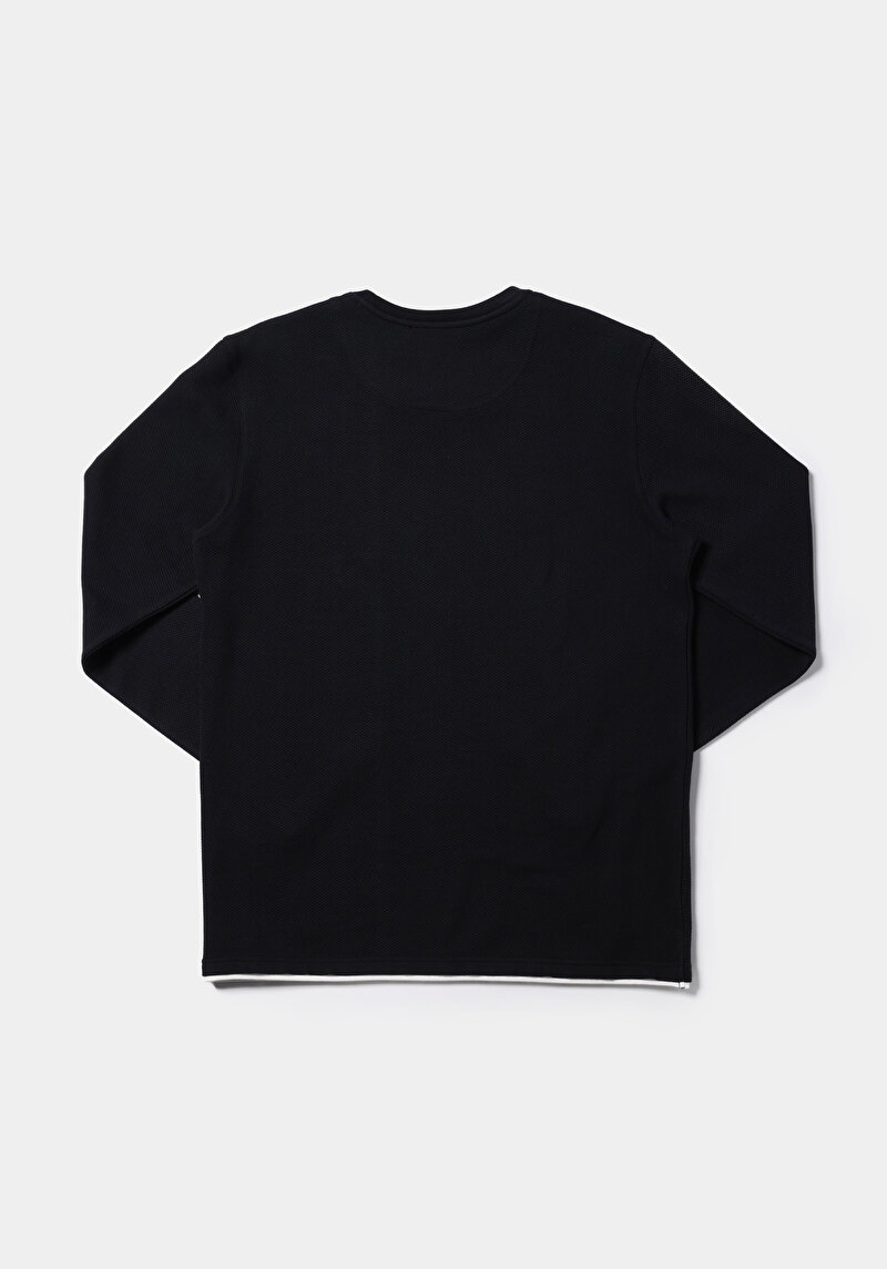 Regular Fit Yuvarlak Yaka Jakarlı Erkek Siyah Uzun Kol Tişört