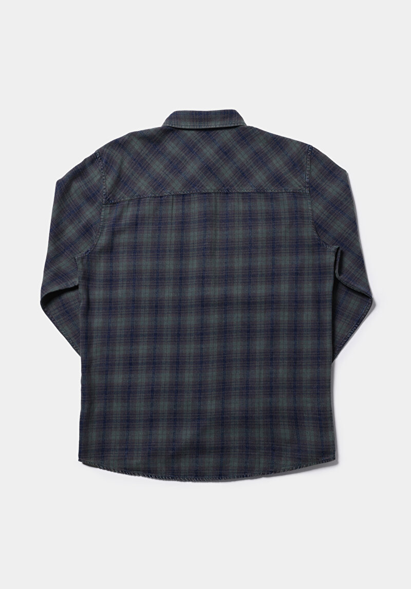 Regular Fit Shirt Neck Ekoseli Erkek Yeşil Uzun Kol Gömlek