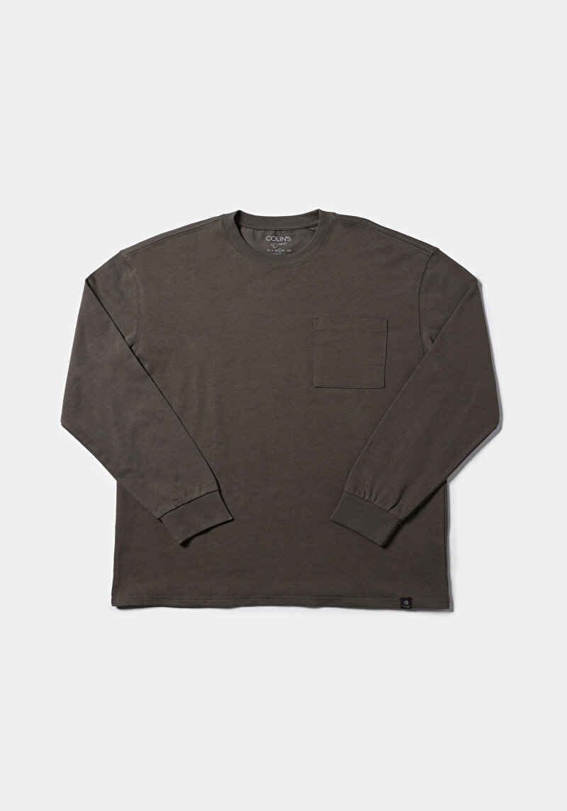 Comfort Fit Yuvarlak Yaka Düz Erkek Yeşil Uzun Kol Tişört