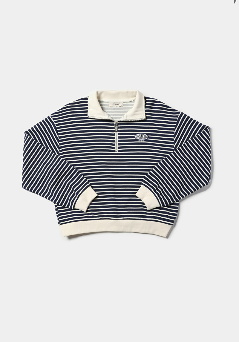 Regular Fit Polo Yaka Çizgili Kadın Lacivert Sweatshirt