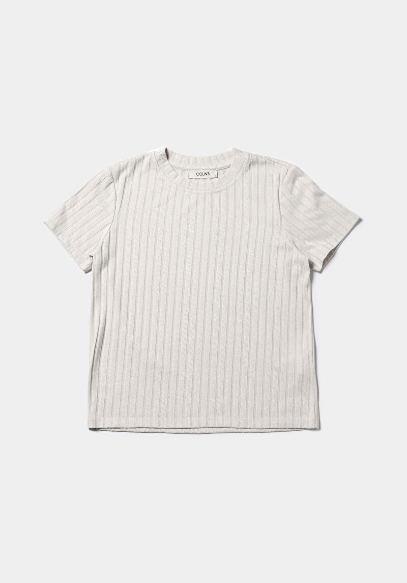 Regular Fit Yuvarlak Yaka Düz Kadın Ekru Kısa Kol Tişört