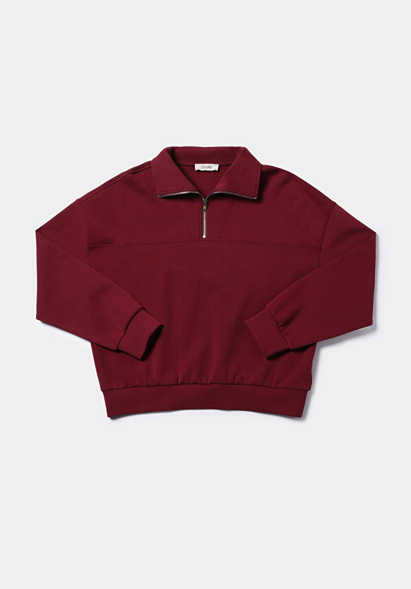 Regular Fit Fermuarlı Düz Kadın Bordo Sweatshirt