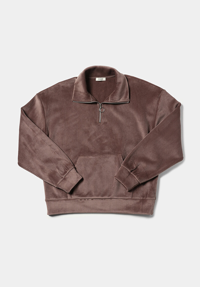 Regular Fit Polo Yaka Nakışlı Kadın Kahverengi Sweatshirt