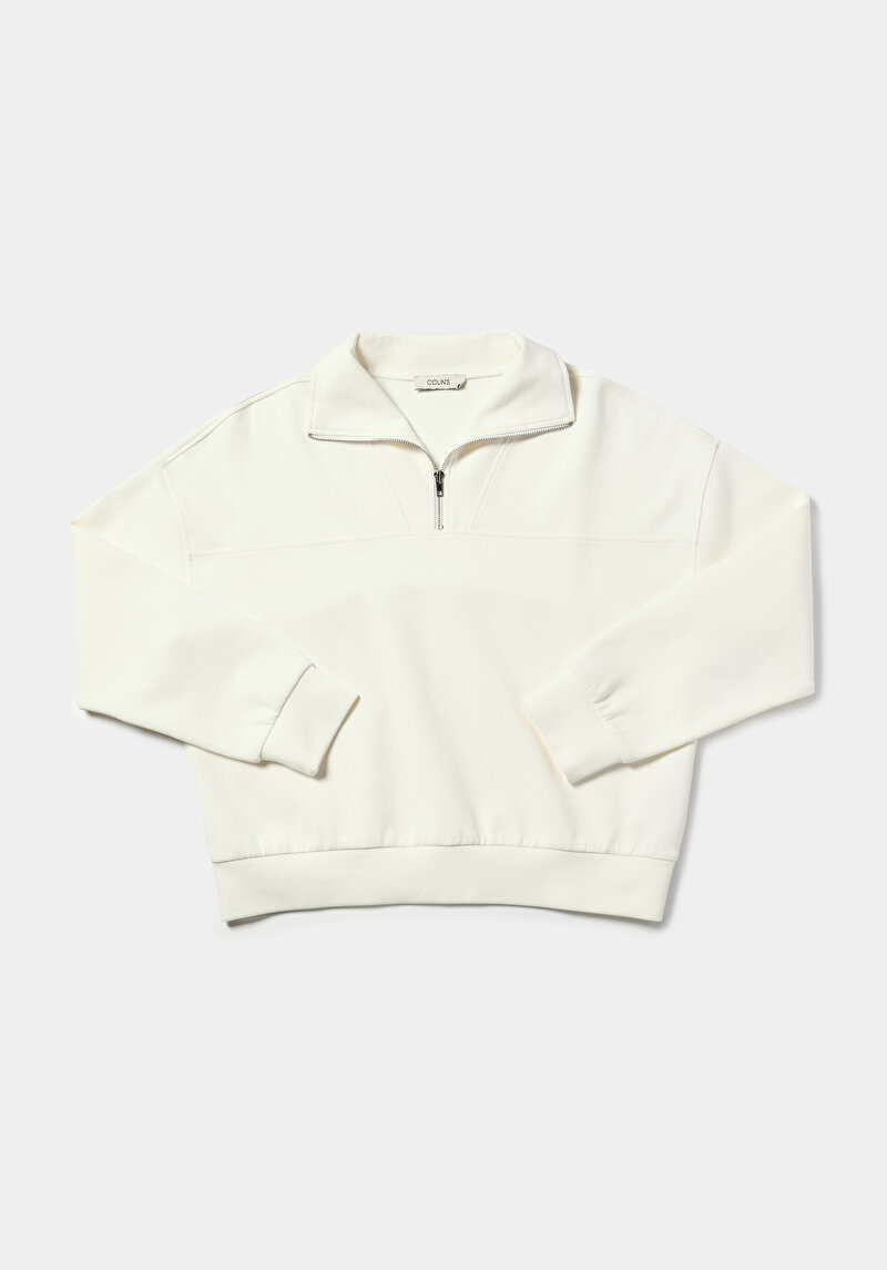 Regular Fit Fermuarlı Düz Kadın Beyaz Sweatshirt