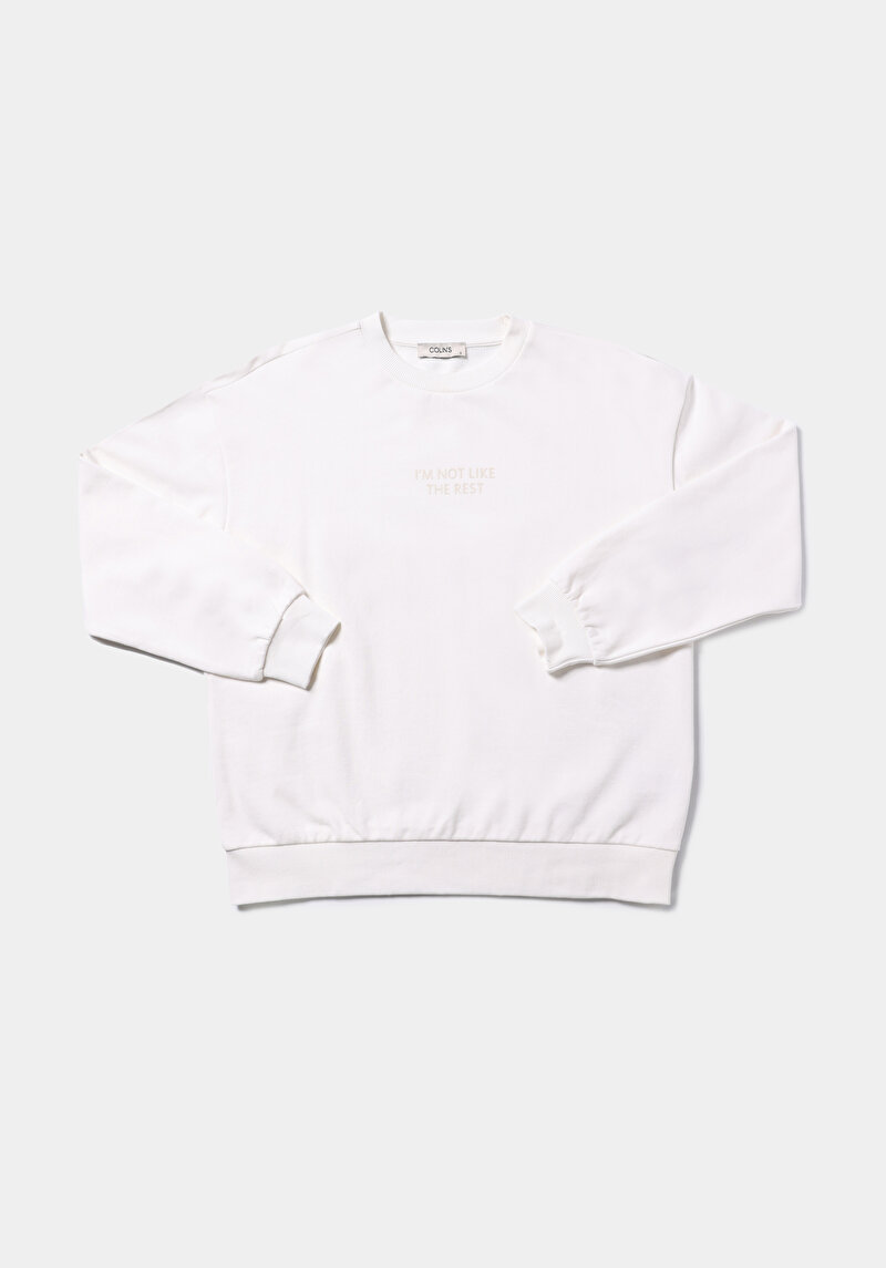 Regular Fit Yuvarlak Yaka Baskılı Kadın Beyaz Sweatshirt