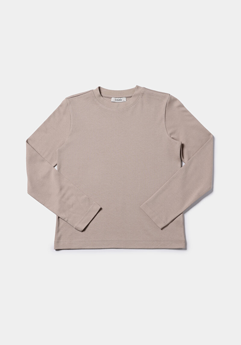 Regular Fit Yuvarlak Yaka Düz Kadın Bej Uzun Kol Tişört