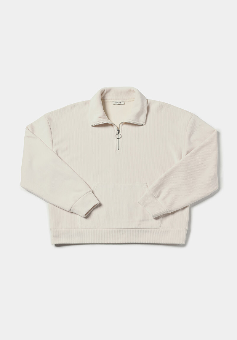 Regular Fit Polo Yaka Kadın Ekru Sweatshirt