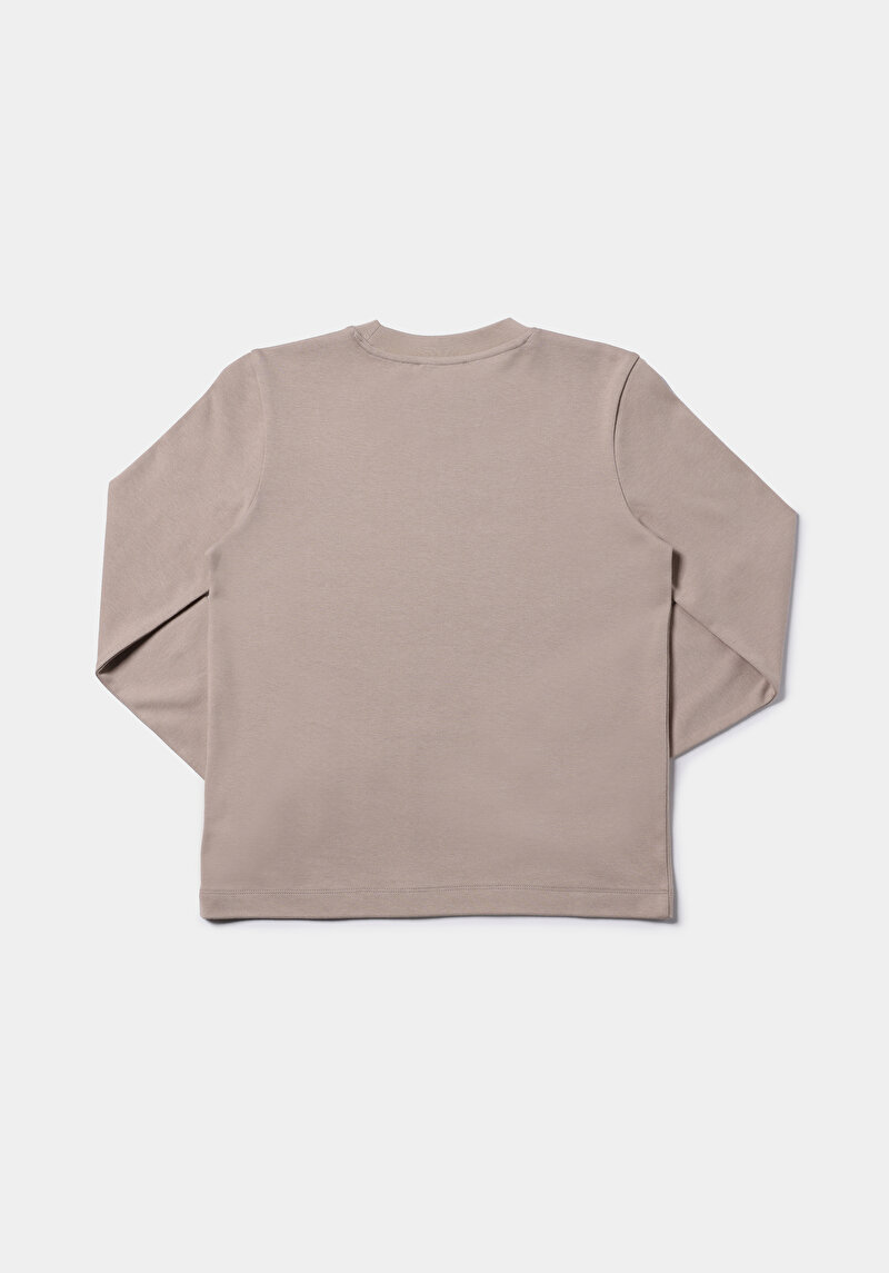 Regular Fit Yuvarlak Yaka Düz Kadın Bej Uzun Kol Tişört