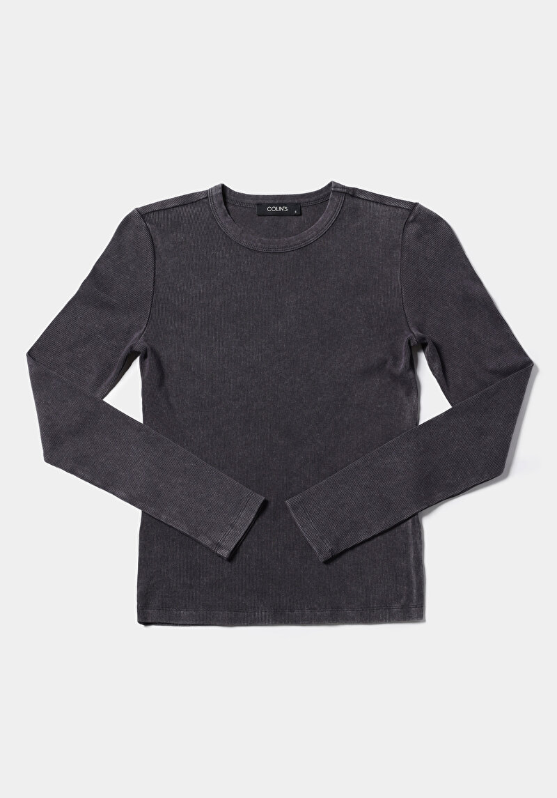 Slim Fit Yuvarlak Yaka Düz Kadın Antrasit Uzun Kol Tişört